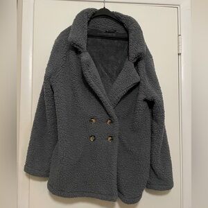 Gray Double-Breasted Jacket Pretty Garden Faux Sherling Sherpa Teddy Bear Coat